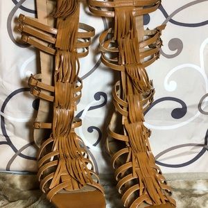 Brown fringe  knee high sandals